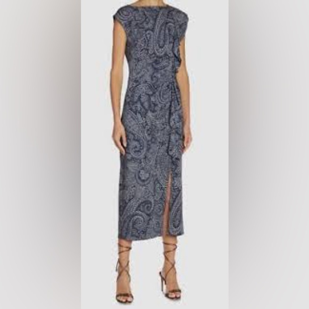 Etro Blue Monochrome Paisley Printed Ruffle Midi Dress Size 46 10 $1950